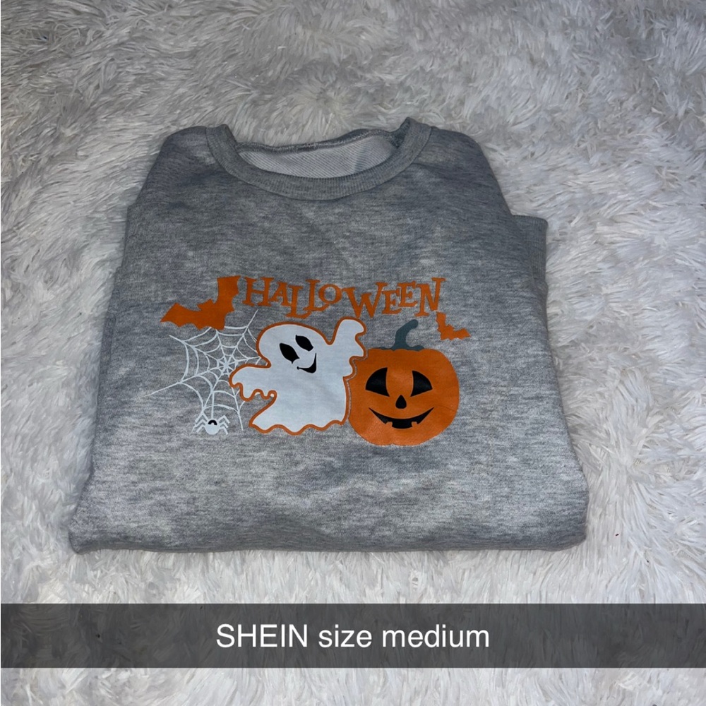 SHEIN Gray and Orange Halloween Sweater with Ghost and Pumpkin